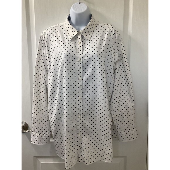 Chaps Shirt Womens 2X Button Up Flip Cuff Cotton Polka Dot Off White ***FLAW - Picture 1 of 9
